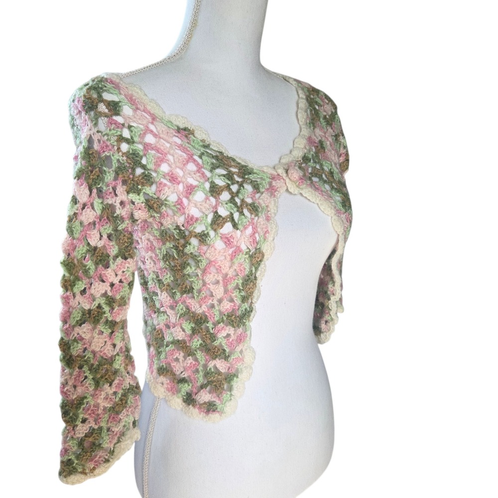 Handmade Crochet Cropped Cardigan Shrug Pink Green Multi Open Knit Bolero XXS